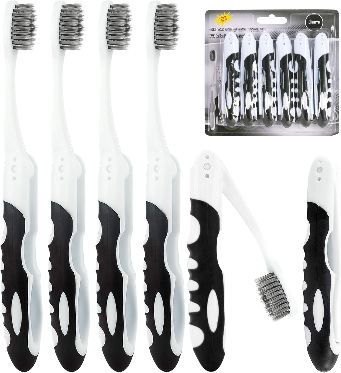 Lingito Folding Toothbrush with Built-in Cover - Travel Size, Collapsible, Soft-Charcoal (6 Pack)