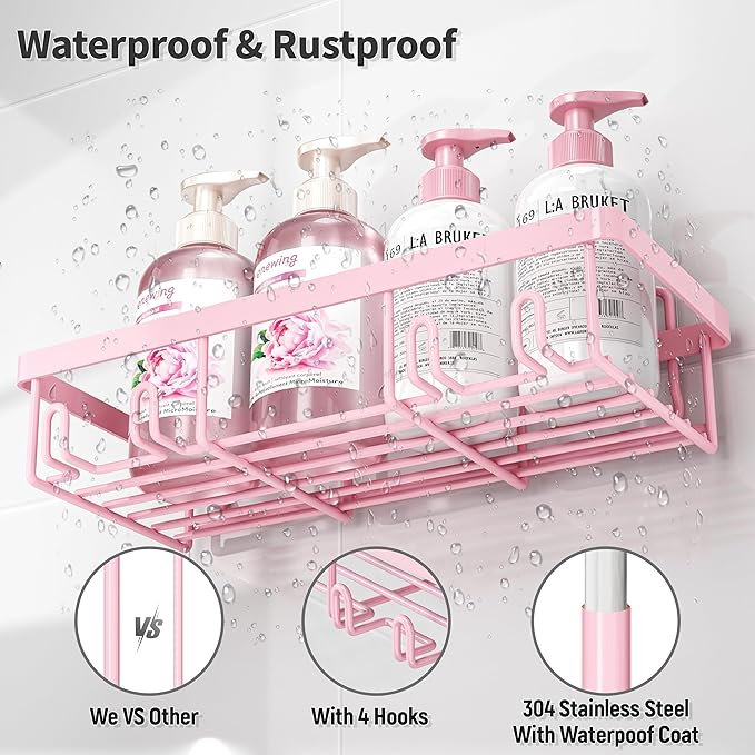 5 Pack Shower Caddy Organizer Rack Shelf for Inside Shower, Adhesive Bathroom Wall Storage Basket Rustproof Stainless Steel Shampoo Holder, Girly Bathroom Accessory Decor Set, Pink