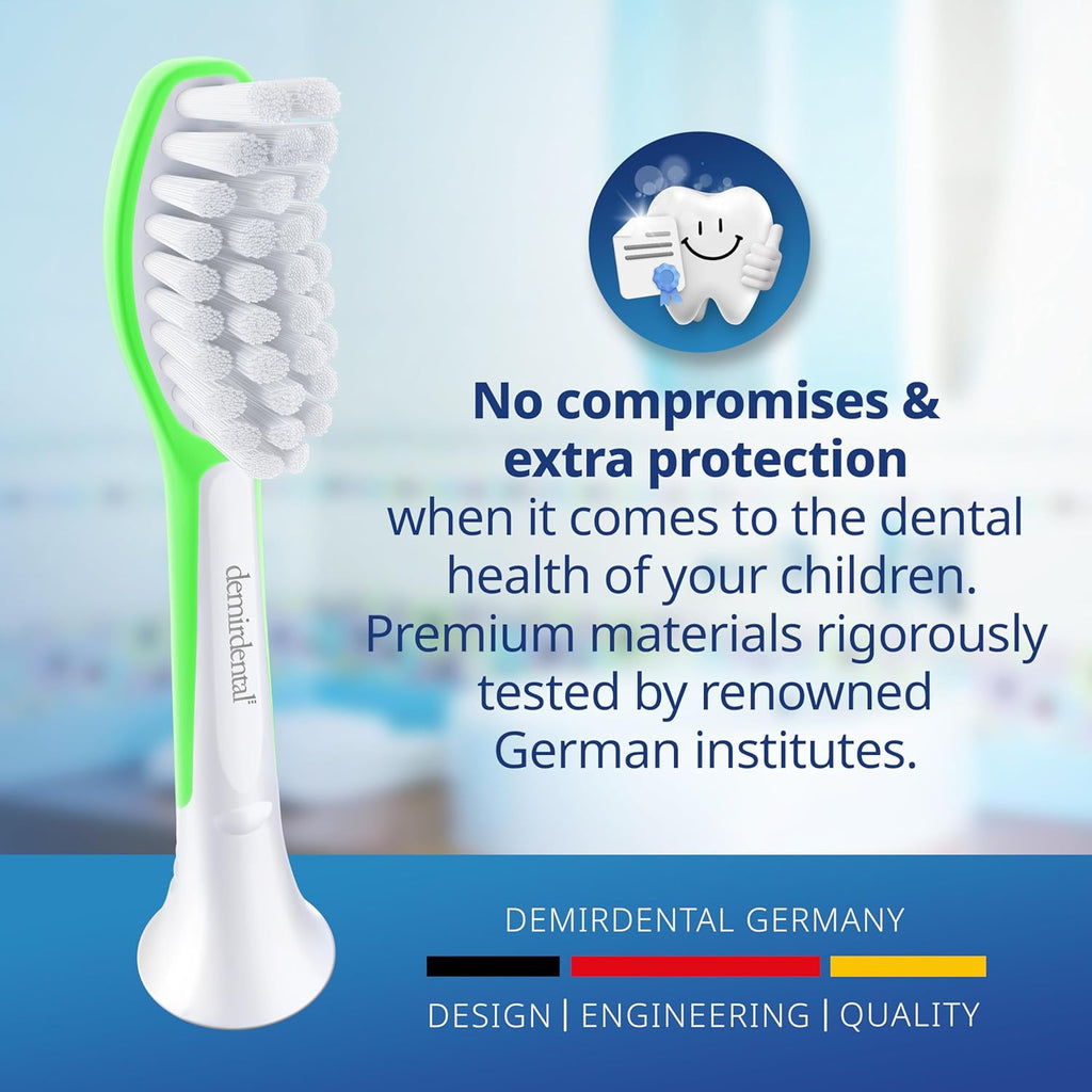 demirdental Kids Toothbrush Heads Compatible with Philips Sonicare Kids Toothbrush Heads - Replacement Heads Sensitive - Brush Heads from Ages 7 to 10 - Green - Replaces HX6048-8 Pack