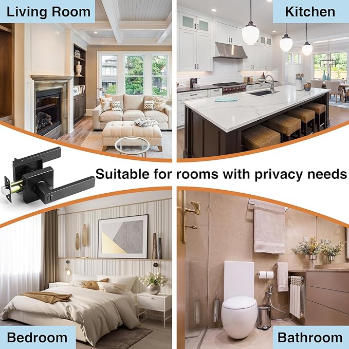 10 Pack Black Door Handle Interior Privacy Door Levers Set, Keyless Square Door Knob Lock for Bedroom or Bathroom, Heavy Duty Door Handles with Reversible Handle for Left Right Sided Doors