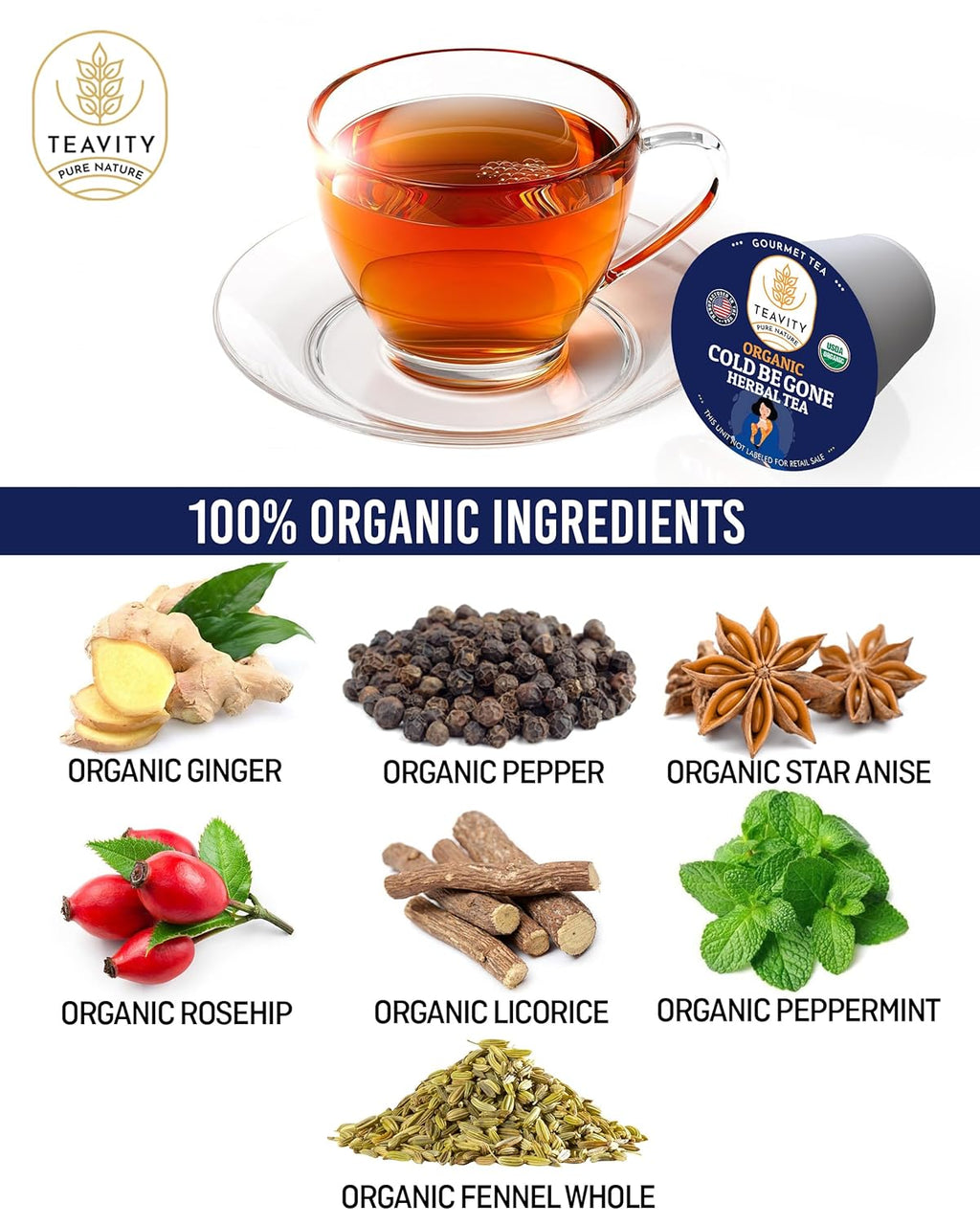 Organic Rooibos Tea Pods for Keurig with Lemon, Mint, Licorice - Unsweetened Decaf Tea for K Cup Brewing - Cold- Be-Gone by Teavity (24 Tea Pods)