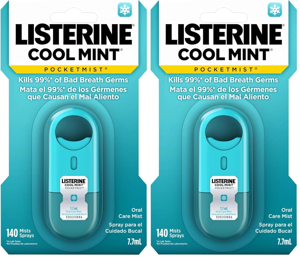 Listerine Cool Mint Pocketmist, Oral Care Mist for Fresh Breath, Non-Aerosol Sugar-Free Bad Breath Refresher Spray to Kill 99% of Bad Breath Germs, Portable, Cool Mint Flavor, 2 Sprays