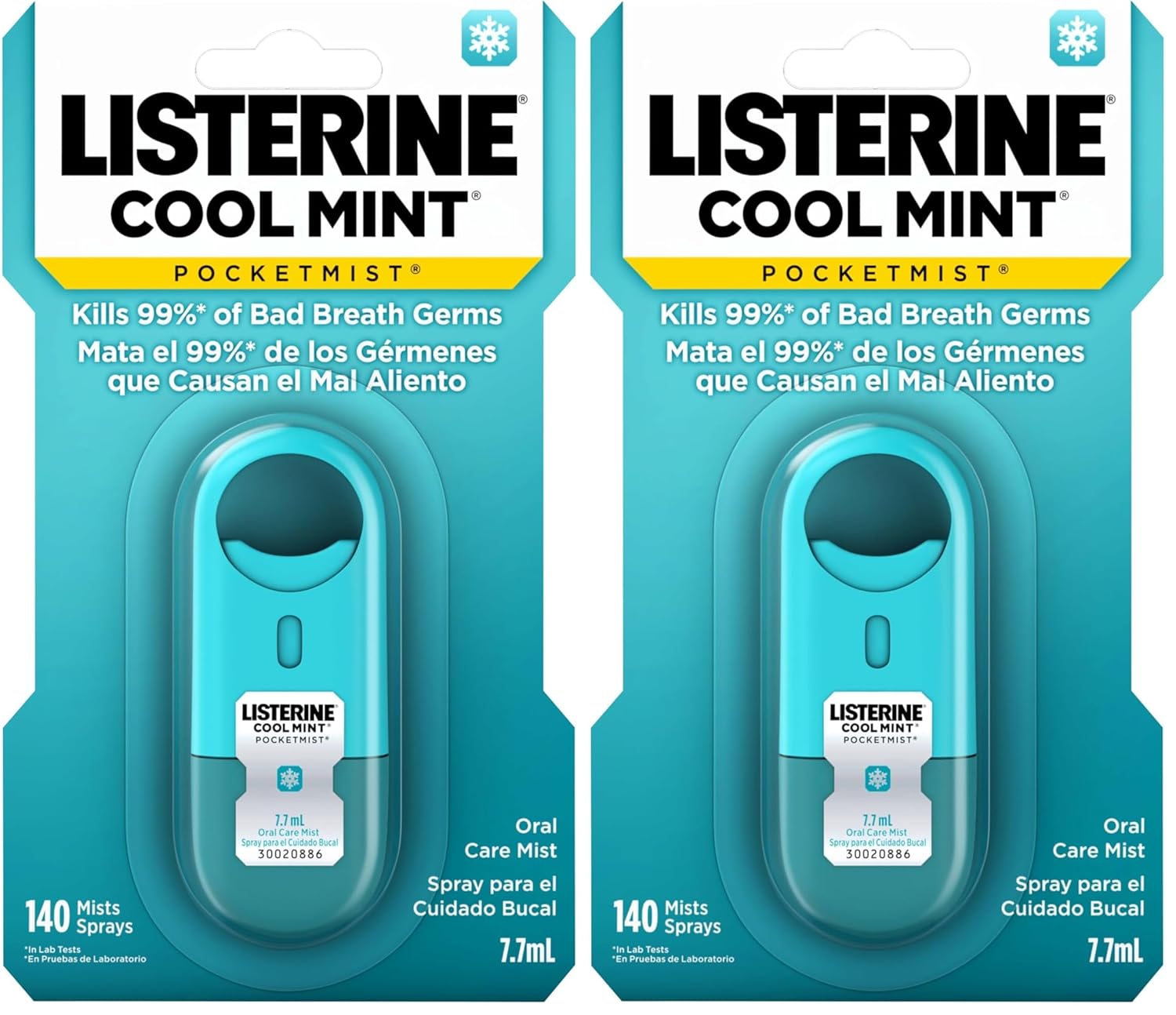 Listerine Cool Mint Pocketmist, Oral Care Mist for Fresh Breath, Non-Aerosol Sugar-Free Bad Breath Refresher Spray to Kill 99% of Bad Breath Germs, Portable, Cool Mint Flavor, 2 Sprays