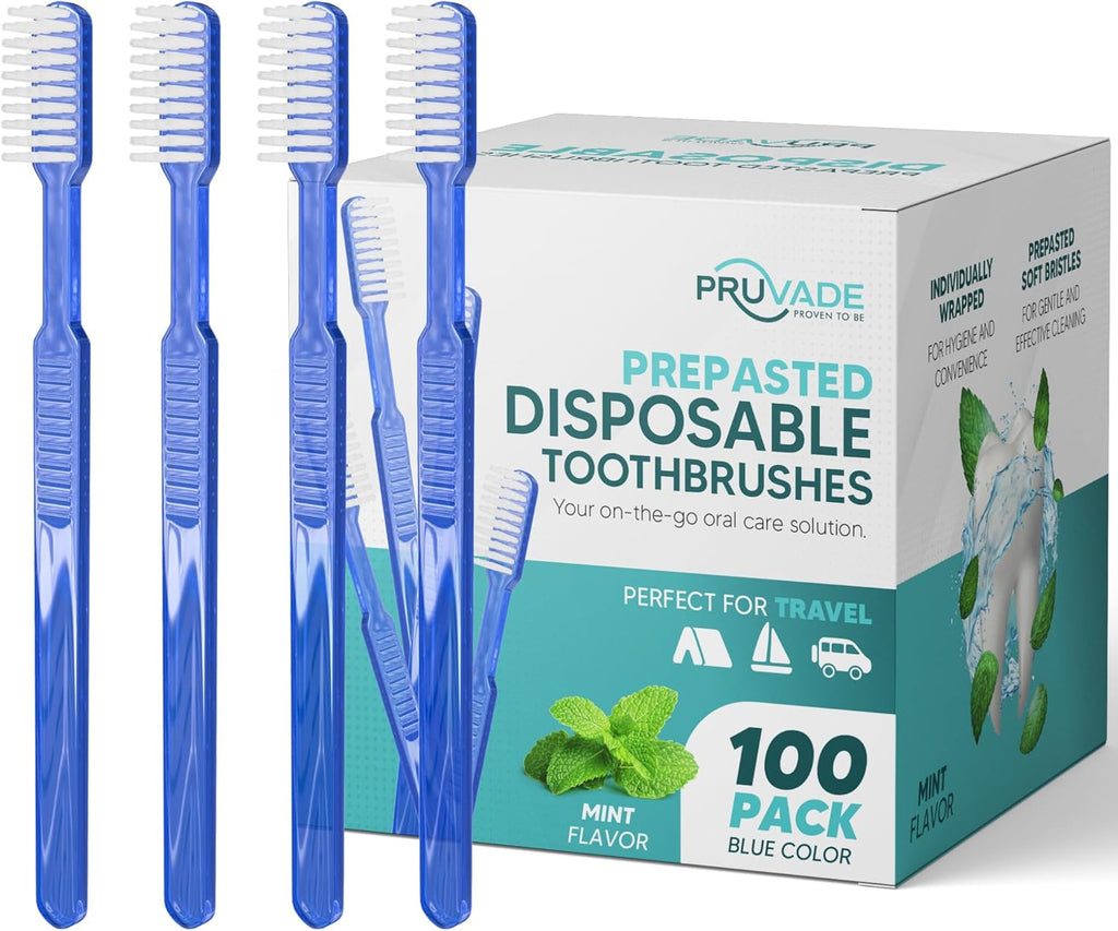 100 Pack Disposable Toothbrushes with Toothpaste Built In | Mint Prepasted Toothbrushes Individually Wrapped - Blue Single Use Waterless Toothbrush with Soft Bristles for Work, Camping, Travel