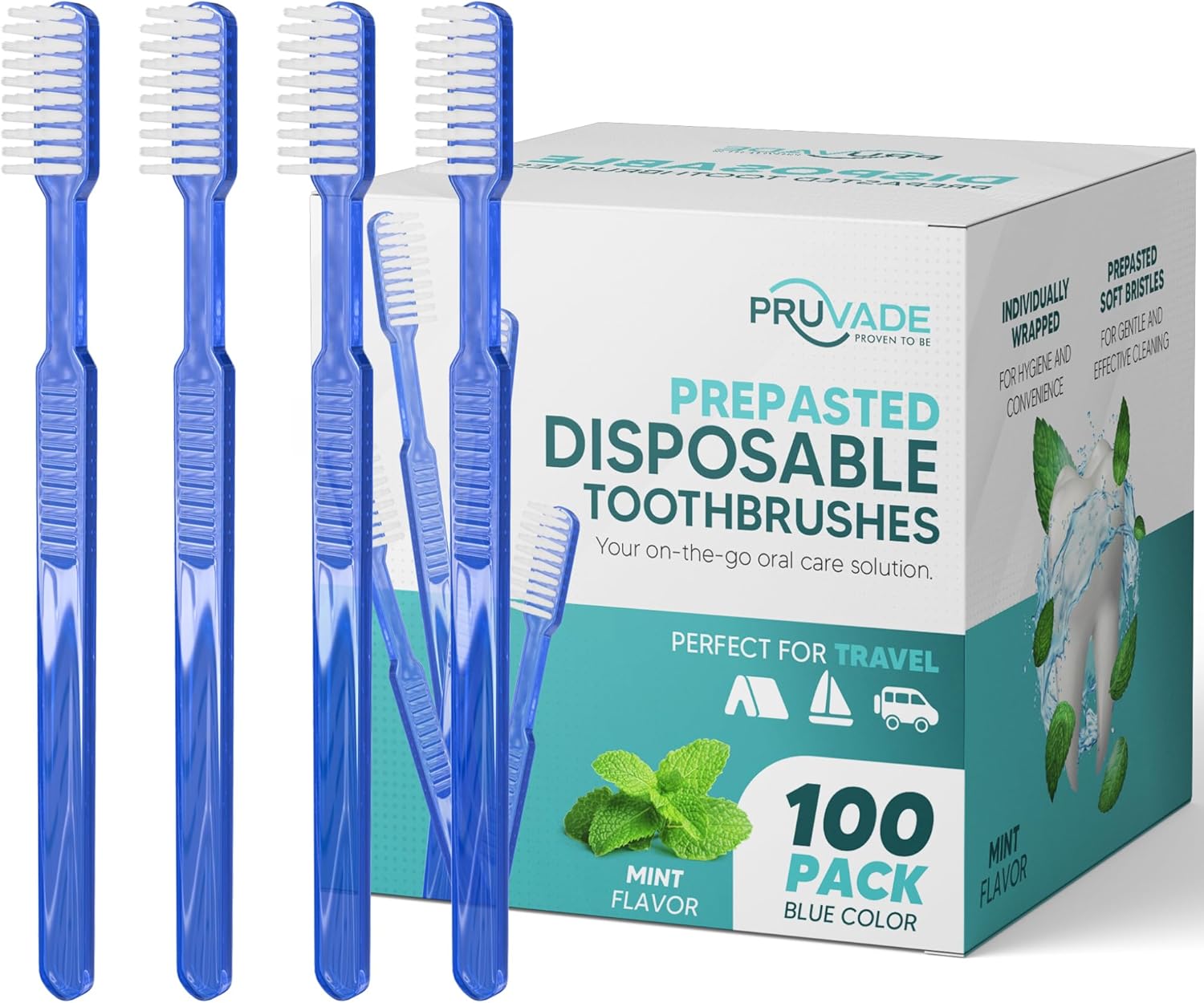 100 Pack Disposable Toothbrushes with Toothpaste Built In | Mint Prepasted Toothbrushes Individually Wrapped - Blue Single Use Waterless Toothbrush with Soft Bristles for Work, Camping, Travel