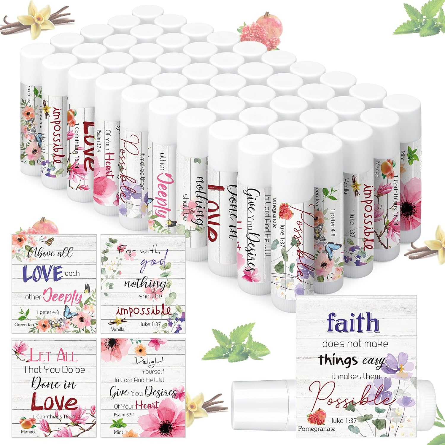 50 Pcs Christmas Christian Lip Balm Bulk Bible Verses Lip Balm Scripture Christian Gifts for Women Faith Religious Church Party Favor Inspirational Gift for Coworker Staff Employee(Wildflower)