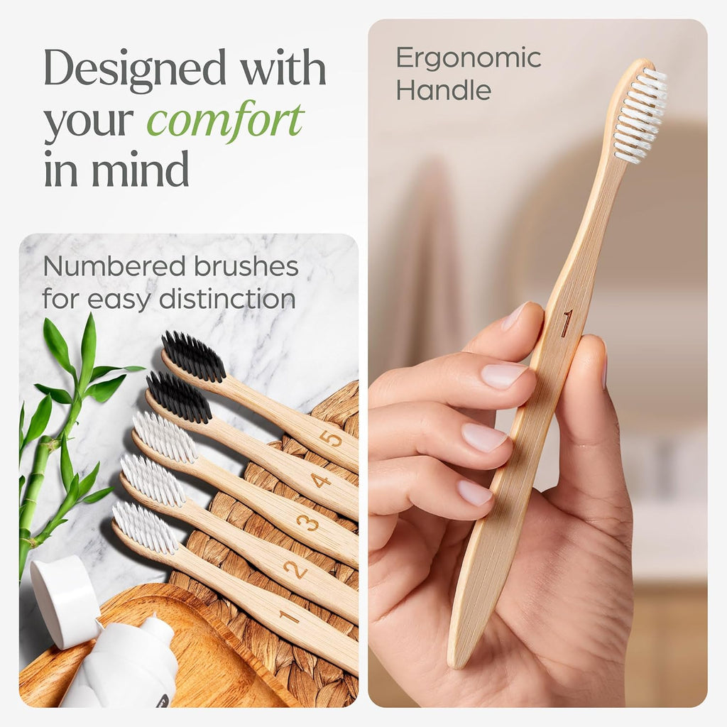 Soft Flossing Bamboo Toothbrushes 10 Pack - BPA Free Soft Bristles Toothbrushes for Adults, Natural Wooden Toothbrush