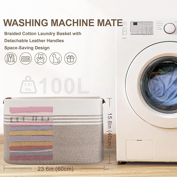 100L Extra Large Laundry Basket with Leather Handles for Living Room Storage, Woven Rope Baskets for Blanket, Kids Toy, Gifts, Wicker Hamper for Bedroom Dirty Clothes, 24"x16"x16" White Brown