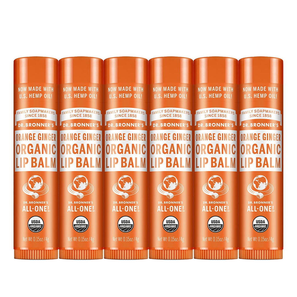 Dr. Bronner’s Organic Lip Balm 6-Pack (.15oz) Natural, Moisturizing, Petroleum-Free Lip Balm with Beeswax & Avocado Oil for Dry Lips, Men & Women - Orange Ginger