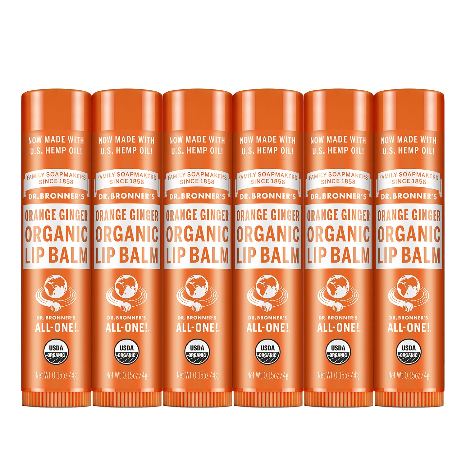 Dr. Bronner’s Organic Lip Balm 6-Pack (.15oz) Natural, Moisturizing, Petroleum-Free Lip Balm with Beeswax & Avocado Oil for Dry Lips, Men & Women - Orange Ginger