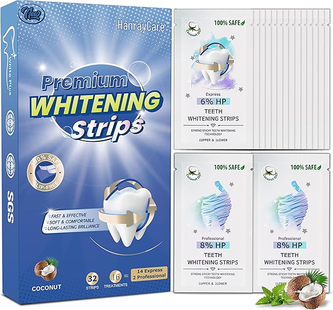 Professional Enamel-Safe Teeth Whitening Strips, Dentist-Approved Vegan Formula for Deep Stain Removal, Super Sticky and Non-Slip for Fast at Home Brightening | 16-Day Complete Kit | HanrayCare