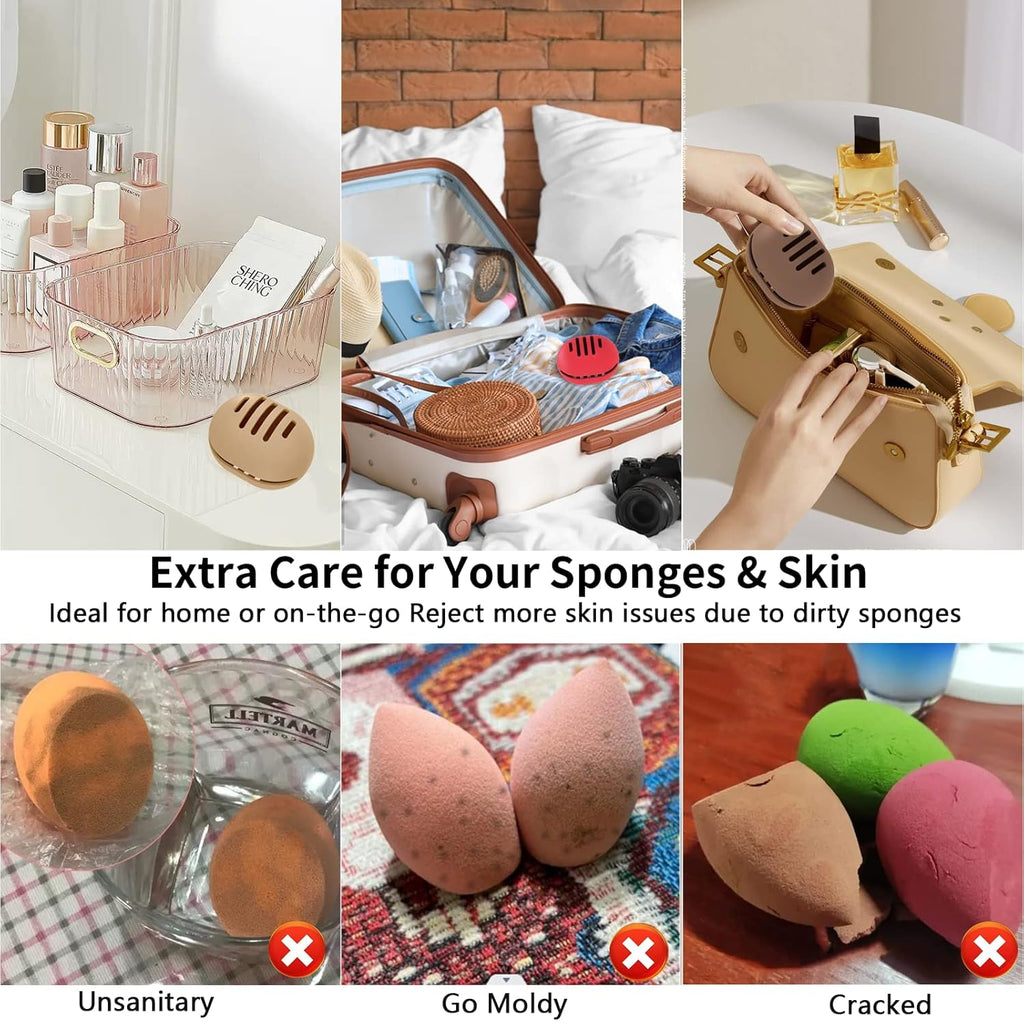 2 Pcs Makeup Sponge Holder,Double-sided Breathable Silicone Beauty Blender Holder for Travel,Shatterproof Make Up Case for All Sponges Sanitary Reuse Easy to Carry,Khaki+Pink
