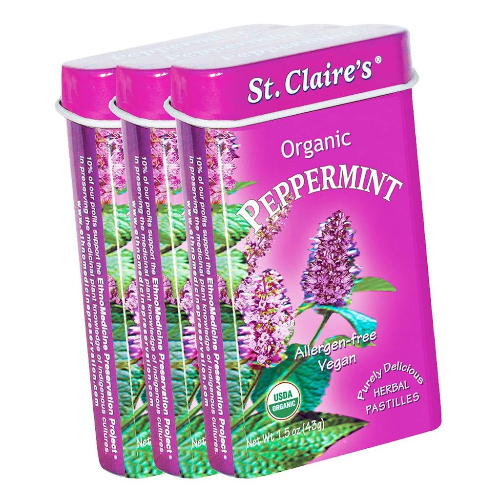 St. Claire's Organic Breath Mints, (Peppermint, 1.5 Ounce Tin, Bundle of 3) | Gluten-Free, Vegan, GMO-Free, Plant-based, Allergen-Free | Made in our Allergen-Free facility