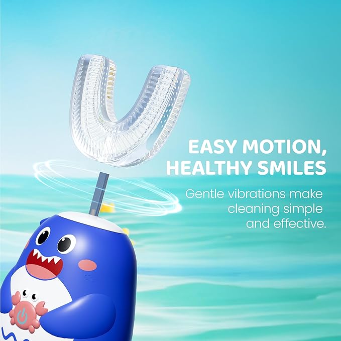 Well Before Ultrasonic Kid's U-Shaped Electric Toothbrush, IPX7 Waterproof, Five Cleaning Modes (Shark, Grey Ages 2-7)