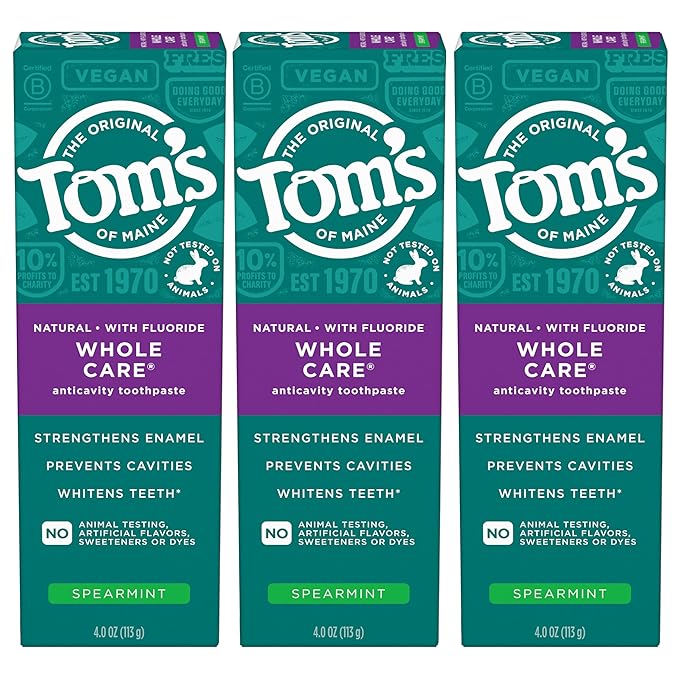 Tom's of Maine Whole Care Natural Toothpaste with Fluoride, Spearmint, 4 Ounce (Pack of 3), (Packaging May Vary)
