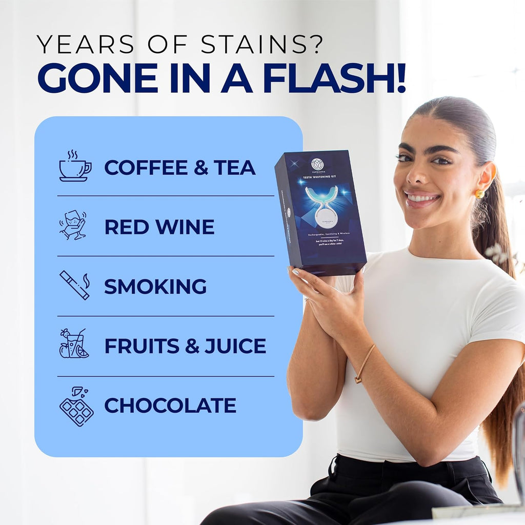 Premium Teeth Whitening Kit with a Rechargeable Wireless Red and Blue UV Whitening Spectrum LED Lights Accelerator Mouthpiece, a Sanitizing Travel Storage Case & Three 2 ml Whitening Gel Pen