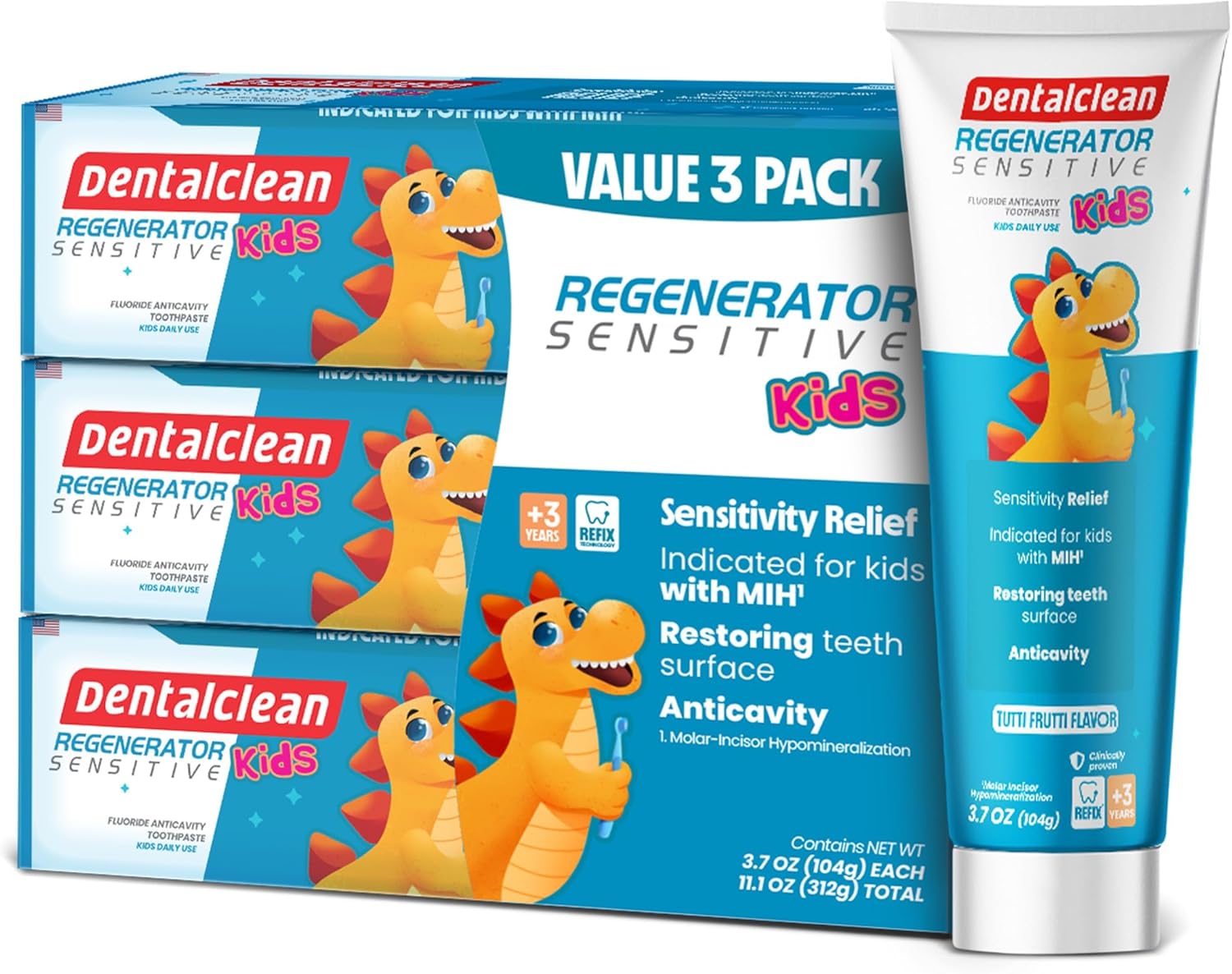 Pack of 3 Kids Gel Toothpastes with MIH Support (Tutti-Frutti Natural) – Enamel Regeneration & Sensitivity Relief, 3.7 oz + Alcohol-Free Mouthwash 33.8 Fl Oz (Blue Diamond Mint)