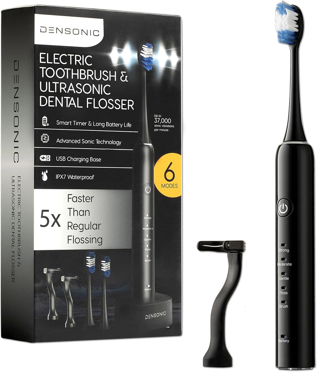 Electric Toothbrush and Flosser Combo Kit | Deep Clean Rechargeable Toothbrush | Easy Gliding Dental Floss for Gentle Gum Care | Cordless Sonic Power | 6 Cleaning Modes | Black