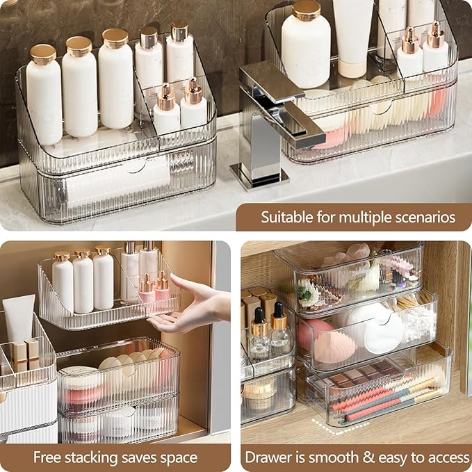 Medicine Cabinet Organizer 3 Tier, Stackable Bathroom Mirror Cabinet Storage，Small Makeup Organizers with 2 Drawer and 1 Tray for Wall Cabinet， Closet， Vanity, Countertop, Clear