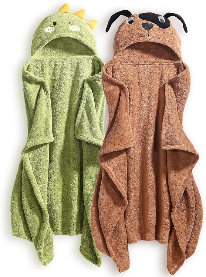 2-Pack Animal Hooded Bath Towels for Babies & Kids (50x32 Inch) - Ultra Soft Coral Fleece, Super Absorbent, Gift-Ready Baby Shower Essentials for Infant Toddler 0-6 Years (Green& Brown)