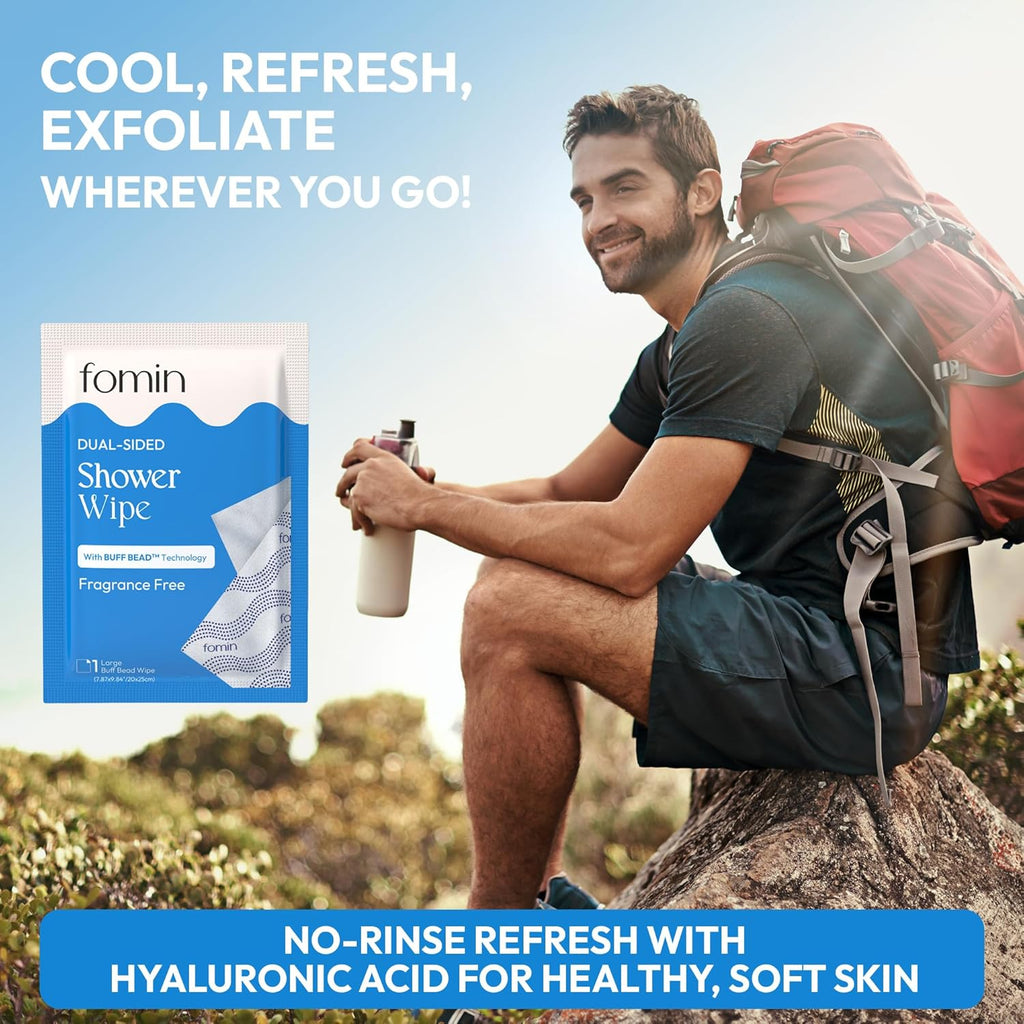 FOMIN Travel Shower Wipes - 10 Pack - No Rinse XL Bathing Wipes with Vitamin E - Fragrance-Free Full Body Wipe for Adults - Individually Wrapped Waterless Bath Wipe for Hygiene, Camping, & Gym