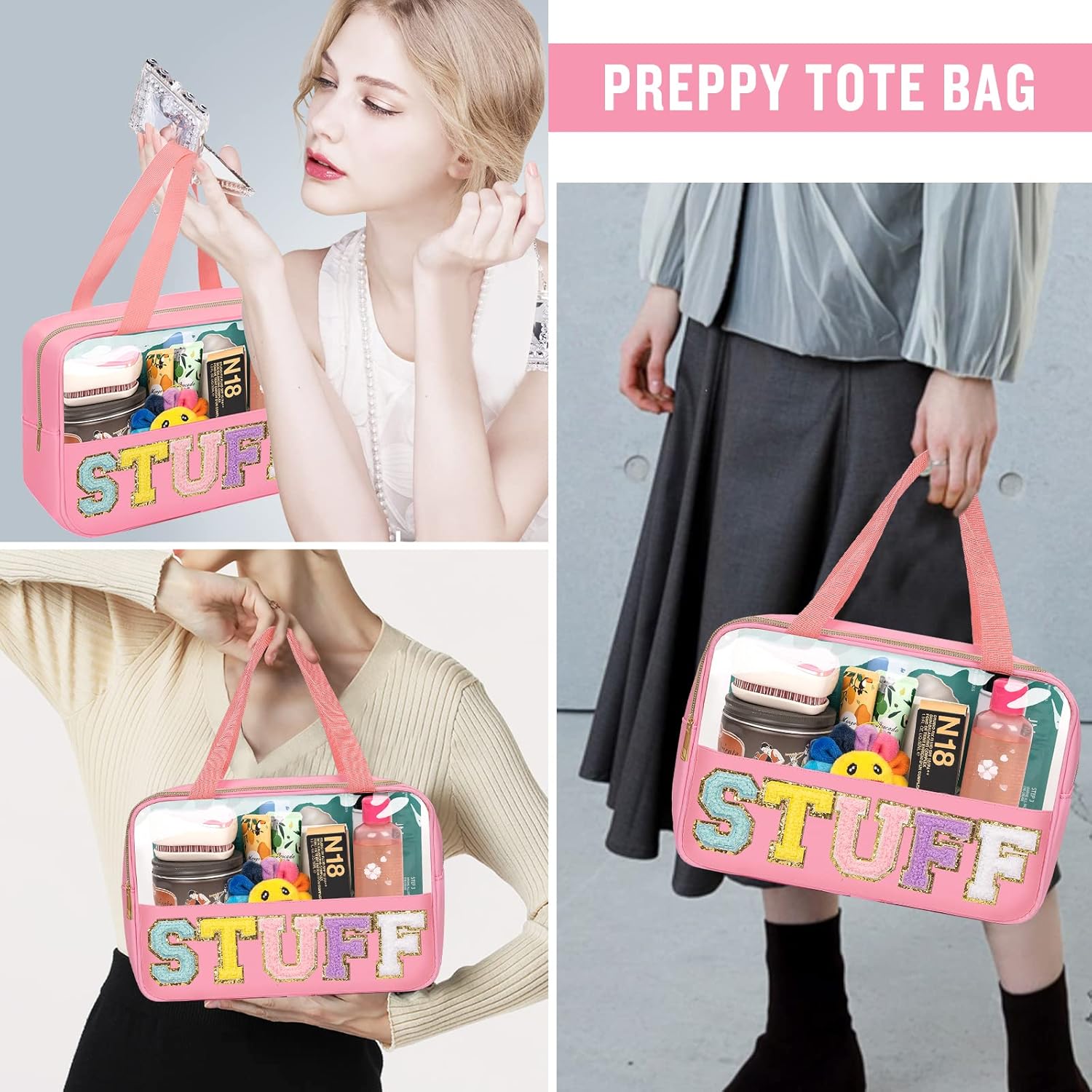 Preppy Clear Stuff Makeup Bags with Chenille Letter Patches, Travel Essentials Large Clear Make up Bag Zipper Pouch with Handle, Waterproof Nylon Cosmetic Toiletry Storage Tote for Women (STUFF-Pink)