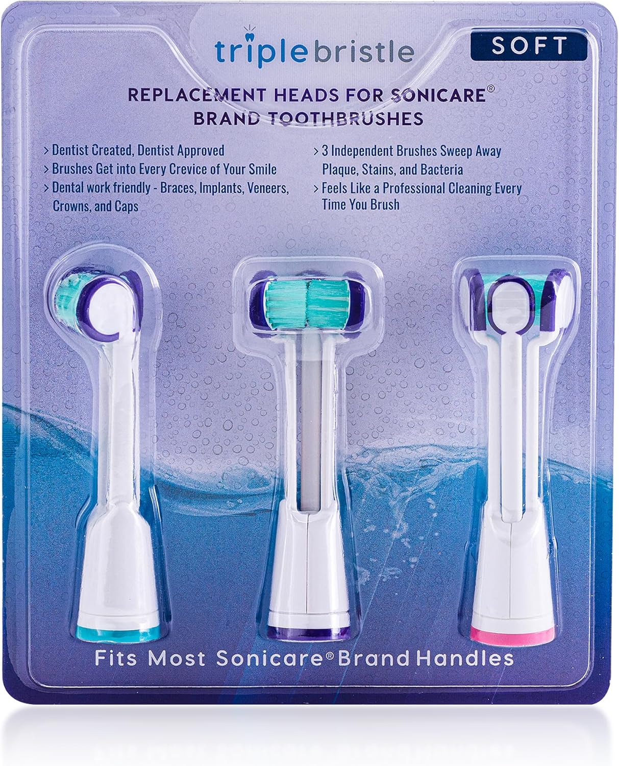 Compatible with Philips Sonicare® ONLY- Three Headed Replacement Toothbrush Heads - Fits ONLY Sonicare Models: DiamondClean, Flexcare+, HealthyWhite+, 2 Series Plaque Control (Soft Bristles - 3 Pack)