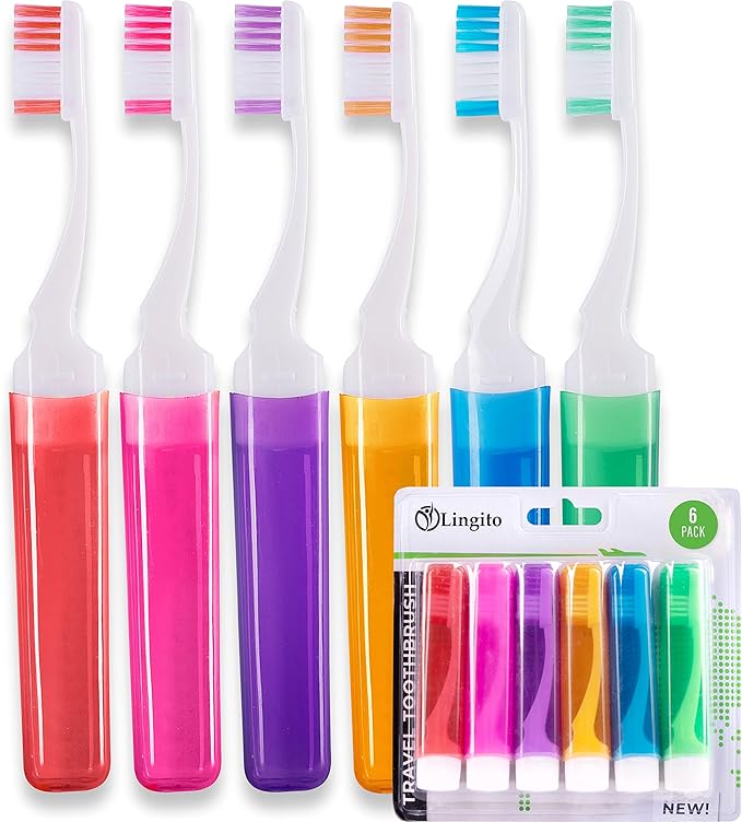Lingito Mini Toothbrush with Cover - Camping & Travel Size, Adult Kit (6 Pack)