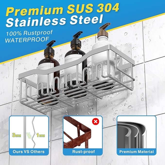 EUDELE 5-Pack Rustproof Stainless Steel Shower Caddy Set– No Drill Adhesive Bathroom Organizer, Space-Saving Shower Shelves for Apartment Essentials, Bathroom/Kitchen Storage Home Decor-L Size