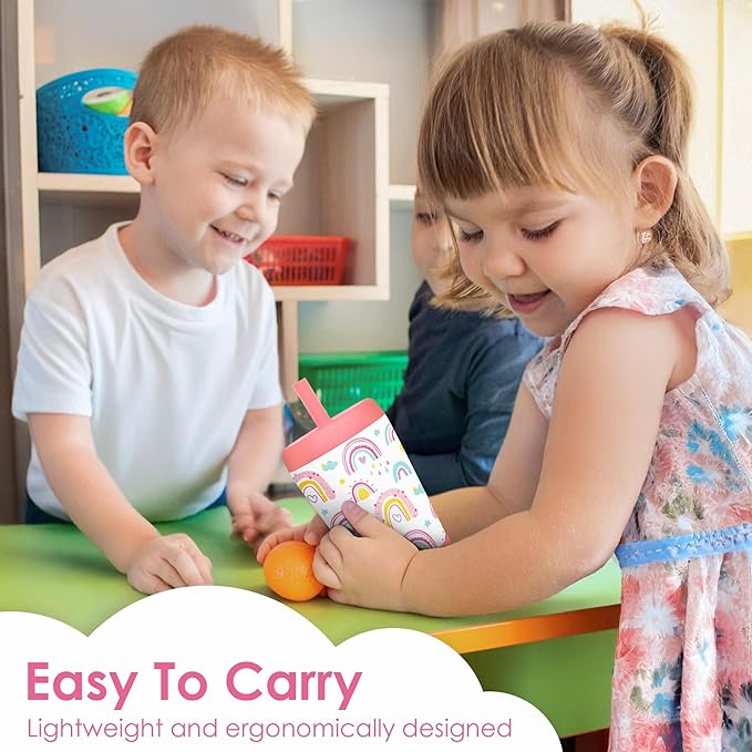 Kid Insulated Stainless Steel Tumbler with Silicone Straw, 12oz Sippy Cup for Kids (Sweet Rainbows)