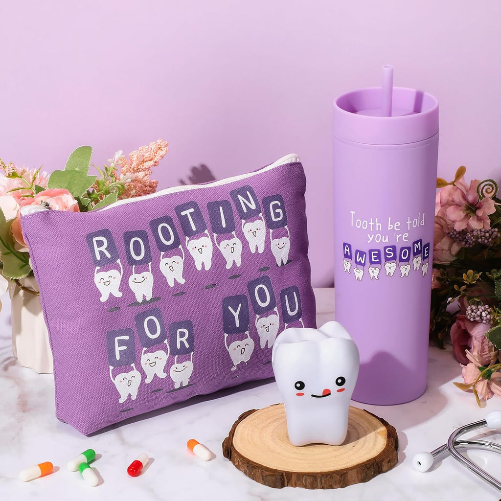 Skylety 3 Pcs Dental Hygiene Month Gifts Dental Assistant Hygienist Appreciation Gift 16oz Tumbler with Lid Cute Teeth Makeup Bag Stress Toy Employee Thank You Dentist Coworker Nurse Student(Purple)