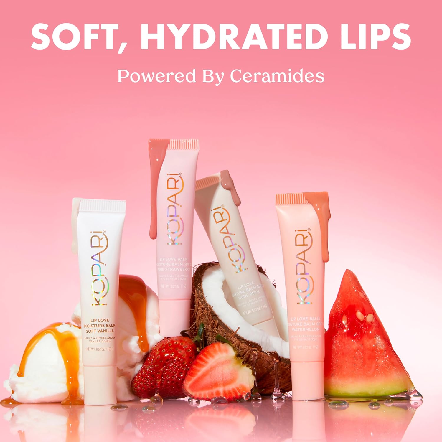 Kopari Lip Love Moisture Balm in Pink Strawberry SPF 30-100% Mineral Zinc Oxide Lip Sunscreen, Ceramide Hydrating Tinted Lip Balm, Clean Vegan & Reef-Friendly, 0.35 oz