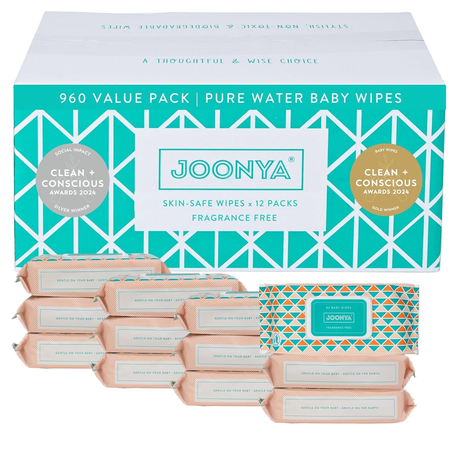 JOONYA Unscented Baby Wipes — Plant-Based, Fragrance-Free Bulk Diaper Wipes | Hypoallergenic, Non-Toxic & Biodegradable Wet Wipes for Sensitive Newborn Skin | 12 Packs of 80 Wipes (960 Total)