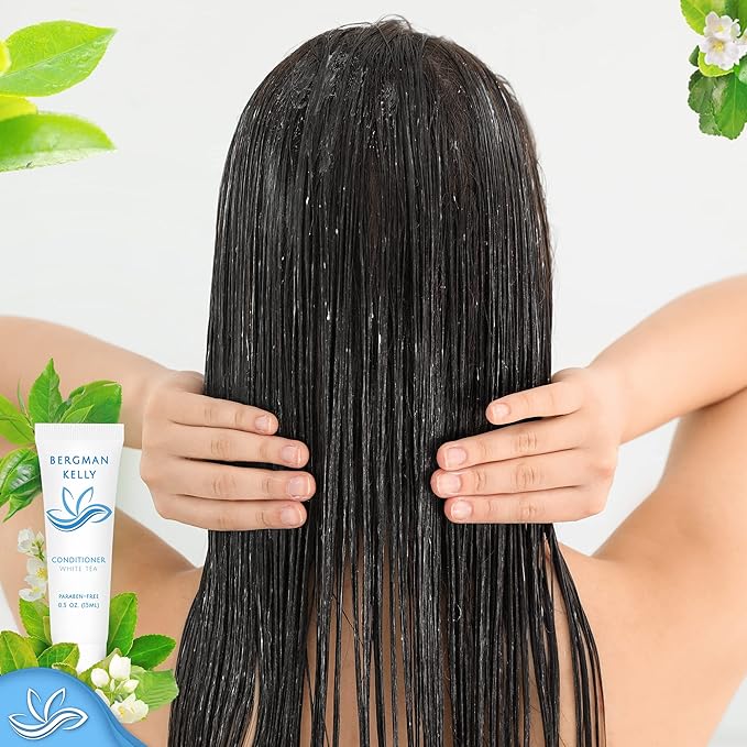 BERGMAN KELLY Rectangular Hotel Soap Bars, Shampoo & Conditioner 3-Piece Set (0.5 oz each, 150 pc, White Tea), Delight Guests w/Revitalizing & Refreshing Mini Travel Toiletries & Bulk Amenities