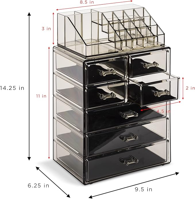 Sorbus Acrylic Makeup Organizer Set, 7-Drawer Vanity & Countertop Cosmetic Storage with Small & Wide Compartments, Black-Tint Makeup Storage for Brushes, Jewelry – Holiday Gift for Women & Teens