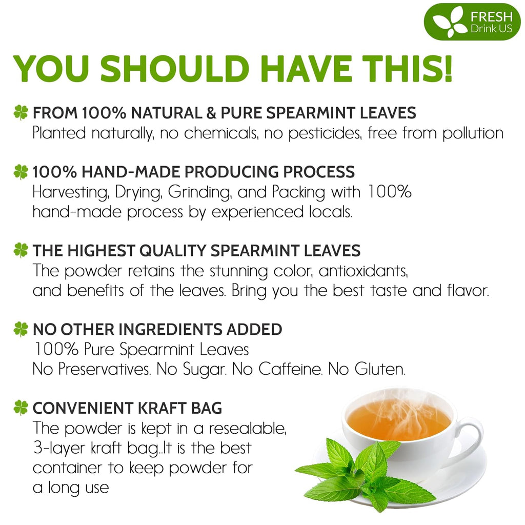 FreshDrinkUS, Premium Spearmint Leaf Powder 8oz – Pure Natural Mint Powder for Tea, Smoothies, Cooking, and Baking – Resealable Pouch
