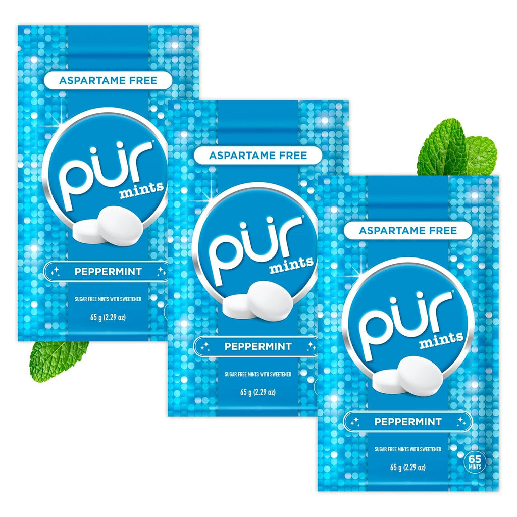 PUR Mints | Aspartame Free Breath Mints | Made with Xylitol | Sugar Free, Vegan, Gluten Free | Natural Peppermint Flavor | 65 Pieces in Re-Sealable pouch (Pack of 3)
