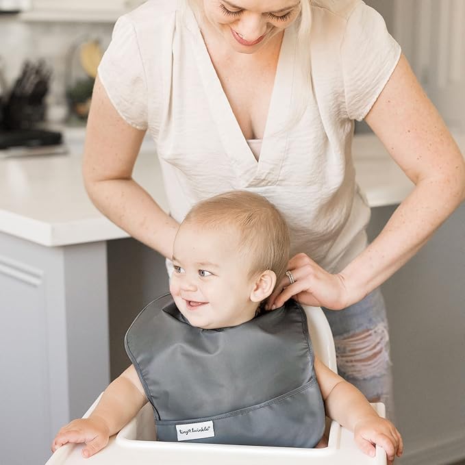 Tiny Twinkle Mess-Proof Baby Bibs for Eating | Waterproof, Wipeable Toddler Bibs with Catch-All Pocket | Feeding Bibs for Girls & Boys(3 Pack,Sage, Charcoal)