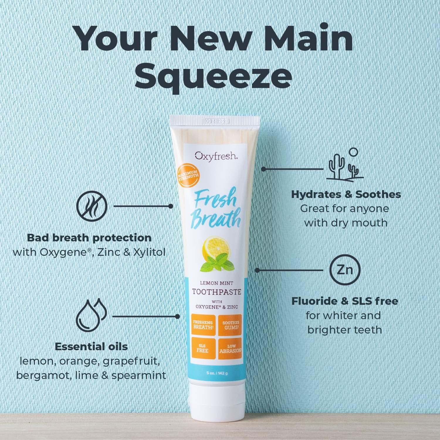 Oxyfresh Premium Maximum Fresh Breath Lemon Mint Toothpaste - Clean Teeth & Fresh Breath - Natural Essential Oils & Natural Xylitol to Help Fight Tartar - SLS & Fluoride Free, 3-5oz