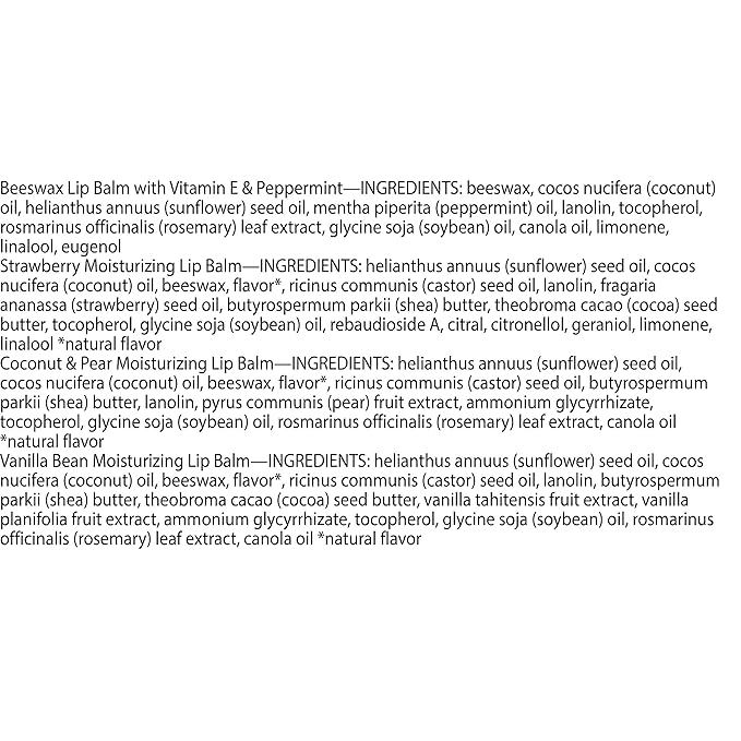 Burt's Bees Lip Balm, Beeswax, Strawberry, Coconut and Pear, and Vanilla Bean Pack, With Responsibly Sourced Beeswax, Tint-Free, Natural Lip Treatment, 4 Tubes, 0.15 oz.