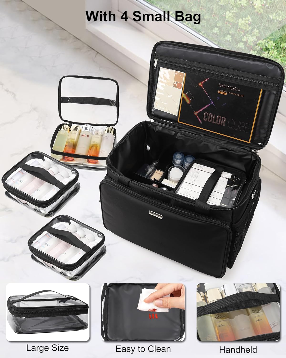 TANTO Extra Large Makeup Bag Travel Makeup Case Professional Makeup Artist Bag with 4 Clear Pouches Hairstylist Cosmetic Bag with Detachable Dividers and Shoulder Straps