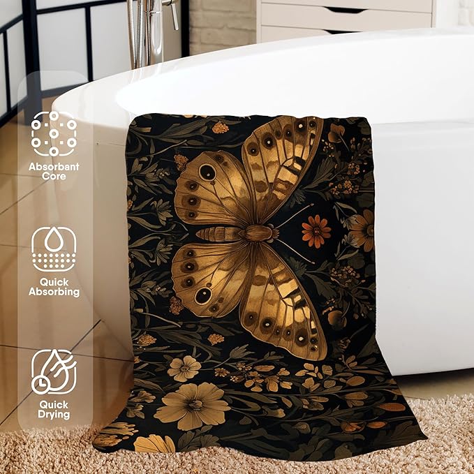 Vintage Butterfly Beach Towel, Vintage Butterfly Pool Towels, Dark Cottagecore Botanical Large Beach Bath Travel Towels for Women, Retro Butterflies Flowers Bathroom Accessories Decor, 30x60in