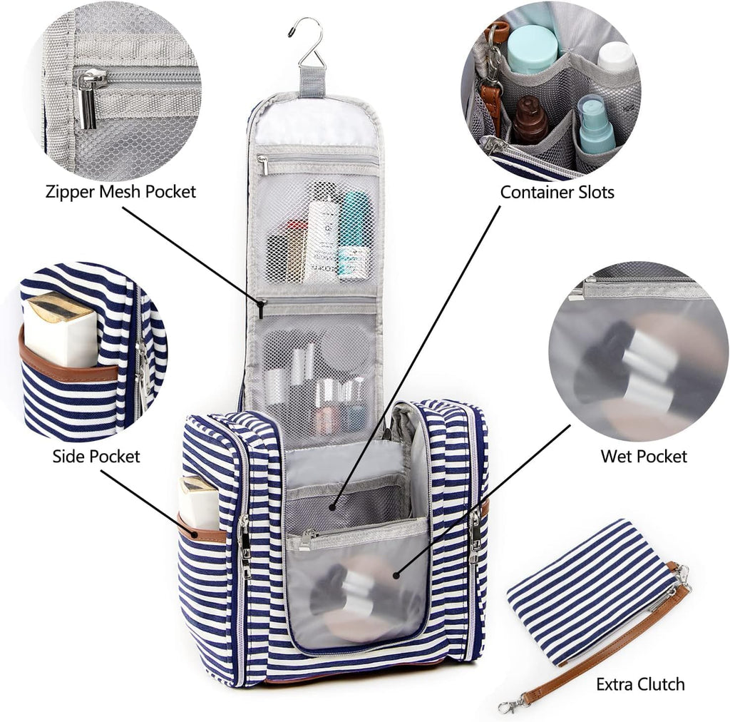 Pearl Angeli Hanging Toiletry Bag for Women, Large Makeup Cosmetic Bag, Water Resistant Toiletries Travel Essentials Organizer, Full-size Container, Navy-striped