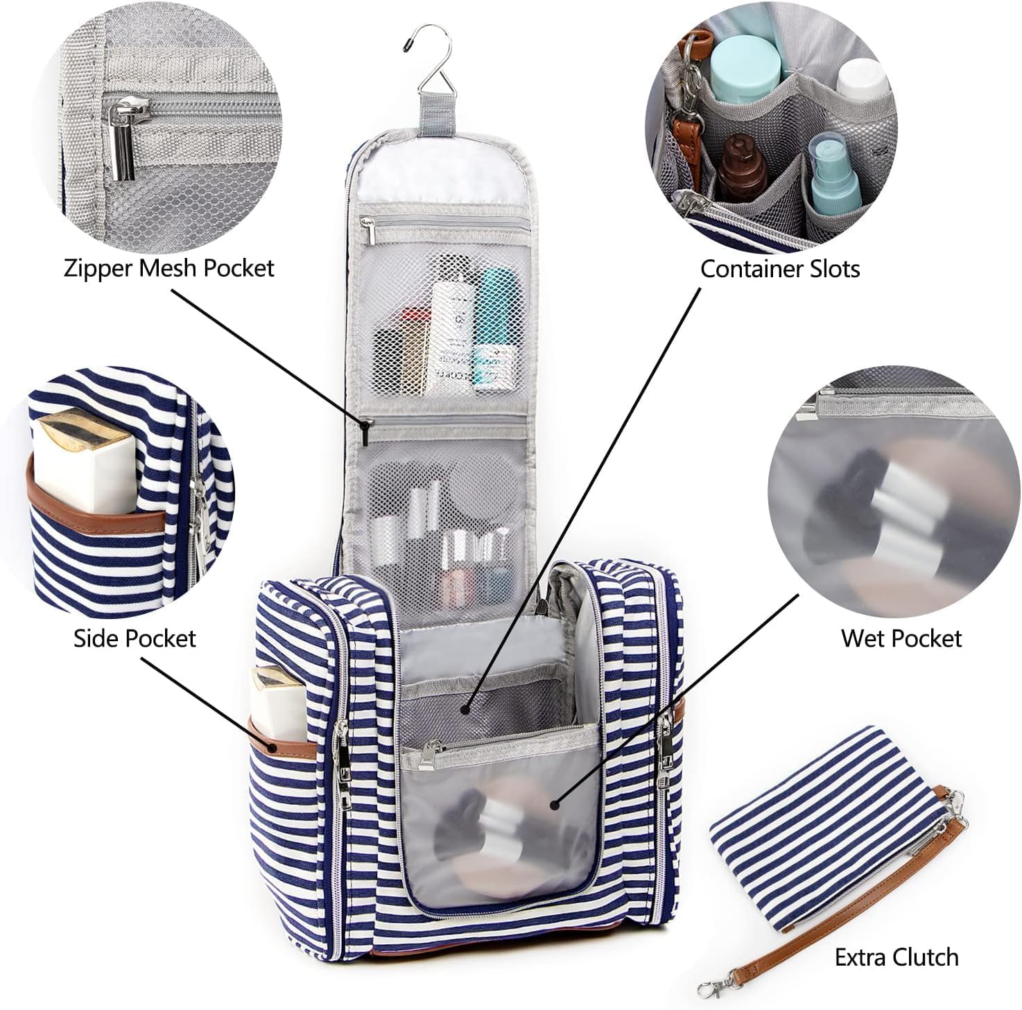 Pearl Angeli Hanging Toiletry Bag for Women, Large Makeup Cosmetic Bag, Water Resistant Toiletries Travel Essentials Organizer, Full-size Container, Navy-striped