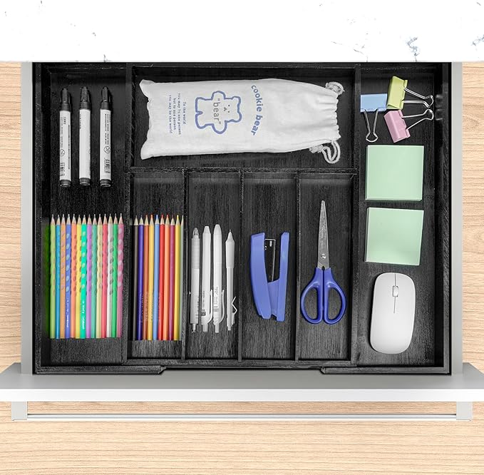 VaeFae Premium Bamboo Drawer Organizer, Expandable Silverware Drawer Organizer, Cutlery Tray with Dividers for Kitchen Utensils (Black, Large)