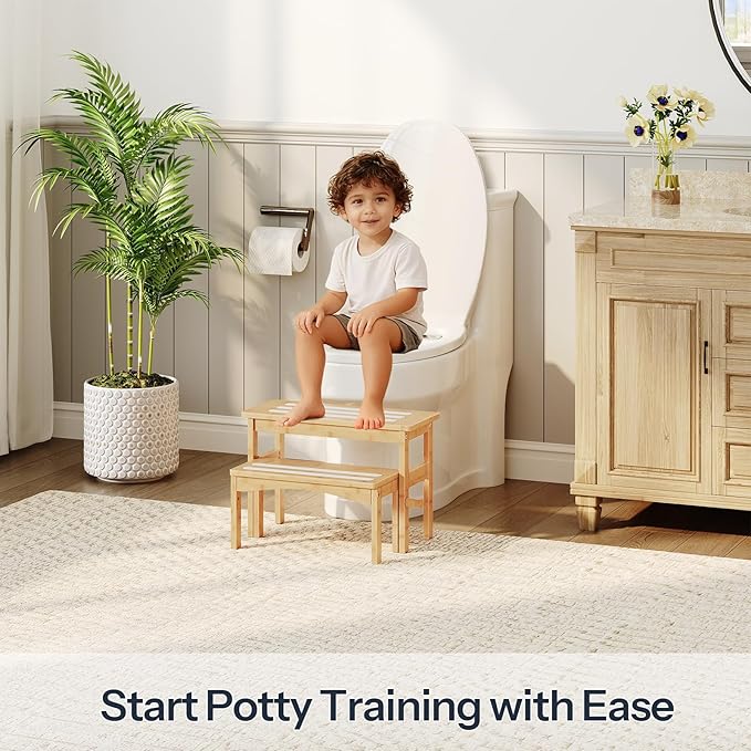 HOOBRO Wooden Step Stool for Toddlers, 2-in-1 Step Stool for Kids, Retractable Bamboo Stool with Anti-Slip Surface, for Bathroom Sink, Potty Training, Easy Assembly, Natural and White YL20JD01