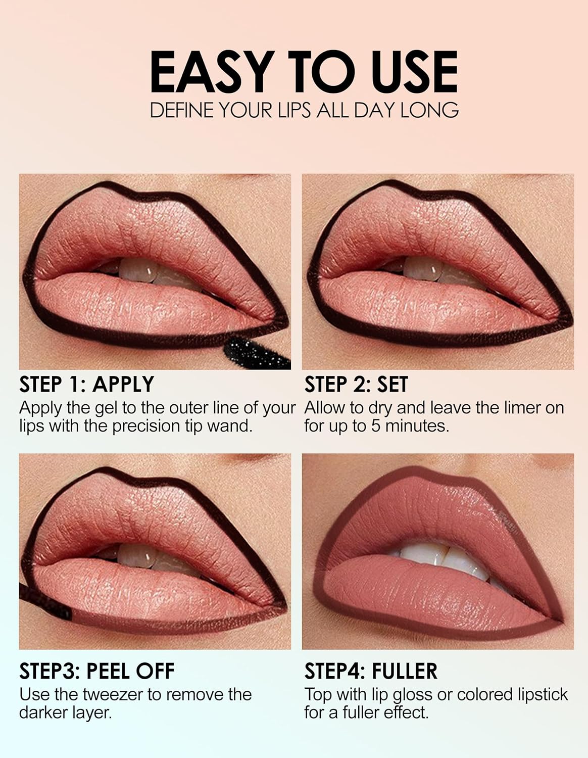 Erinde Peel Off Lip Liner Stain, Long Lasting Tattoo Lip Liner with Tweezer, Matte Finish, Waterproof Transfer Proof Lip Stain Peel Off, Non-Stick Cup Nude Lipstain Lipliner, 01