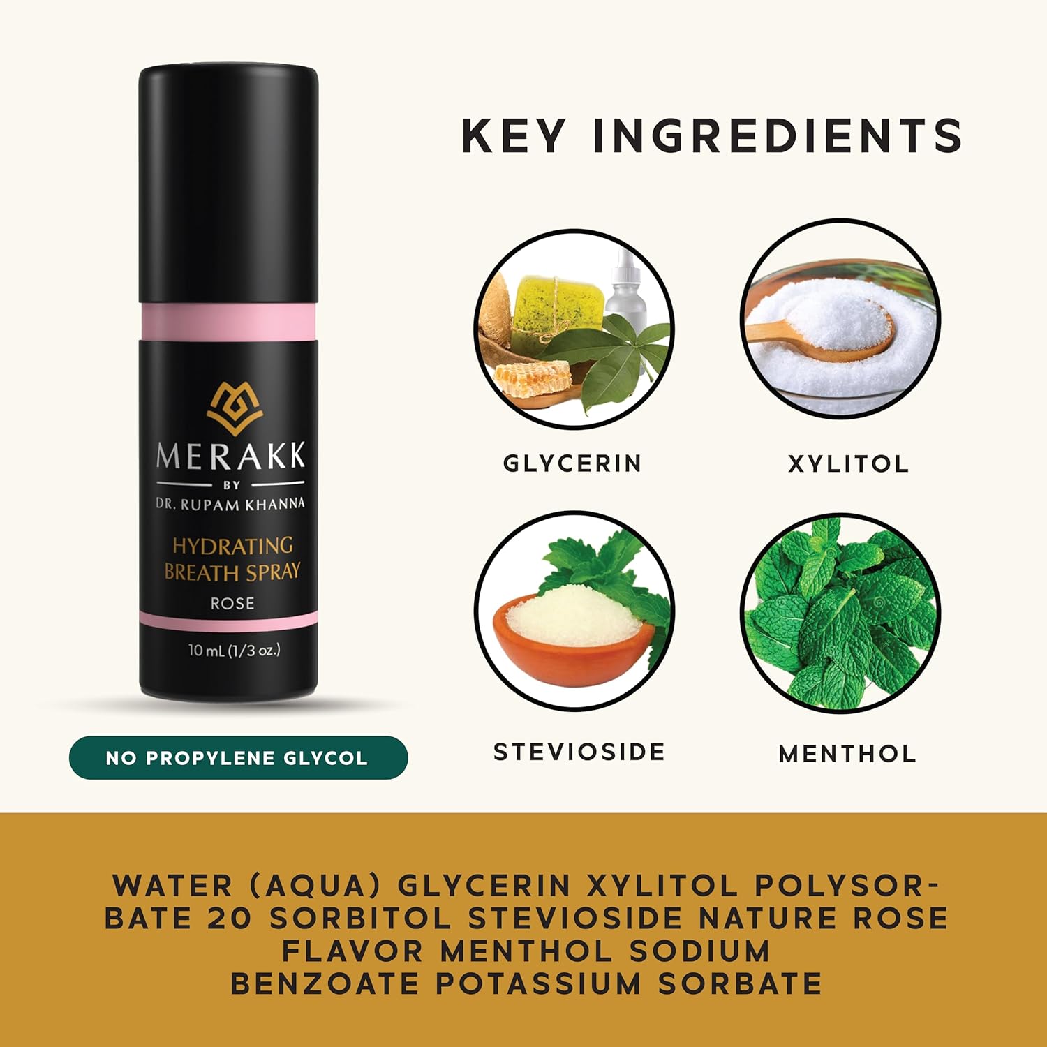 Merakk Hydrating Fresh Breath Spray in Rose - Sugar-Free Breath Freshener Spray & Dry Mouth Spray - Bad Breath Spray with Stevioside, Menthol & Glycerin - Dentist-Designed Oral Spray - 0.3 fl oz