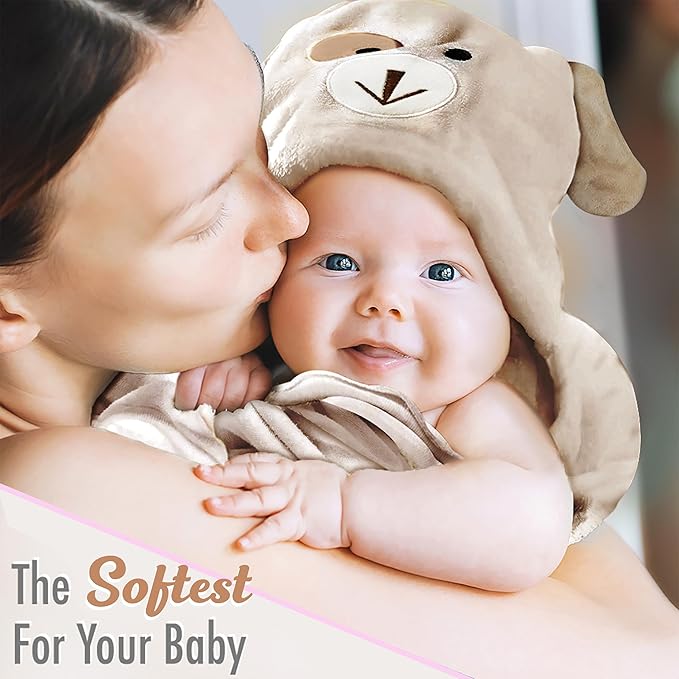 Baby Towels with Hood - Soft, Absorbent Viscose Made of Bamboo, Extra Large 35 x 35 Inches, for Newborns, Infants, Boys and Girls, Beige