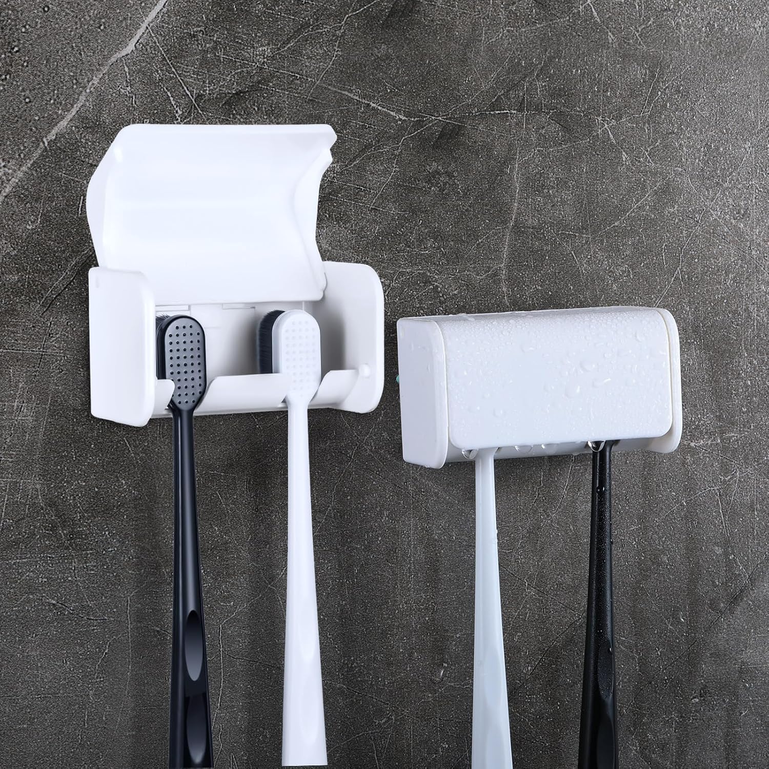 Patelai 2 Pcs Toothbrush Holder Wall Mounted with Cover,2 Slots Self Adhesive Electric Toothbrushes Storage Organizer for Dorm Bathrooms Cabinet and Shower